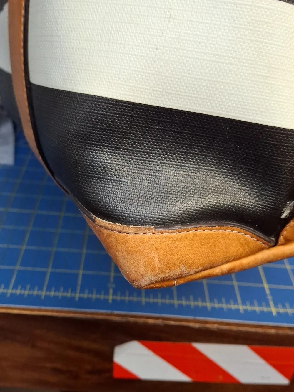 COACH Black & White Striped Tote with Tan Leather Trim Preloved